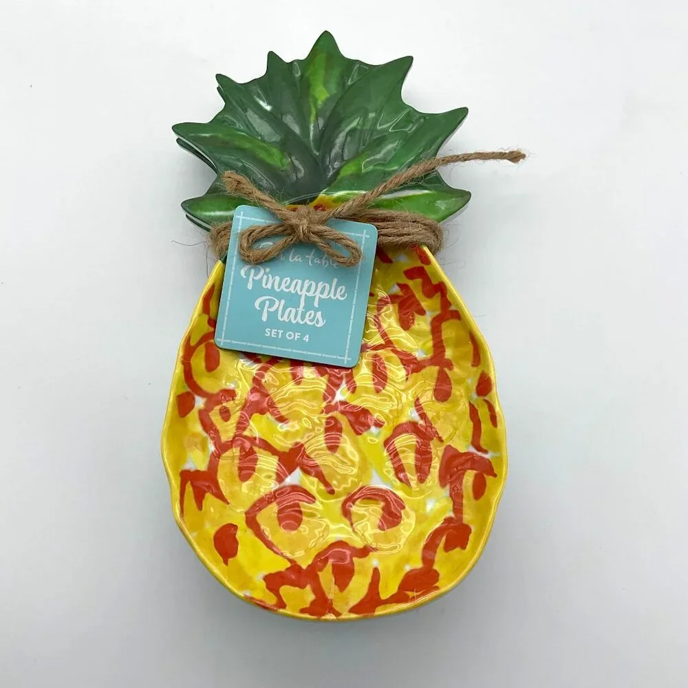 Pineapple Themed Hanging Wood Sign & Sur La Table Pineapple Melamine Plates NWT